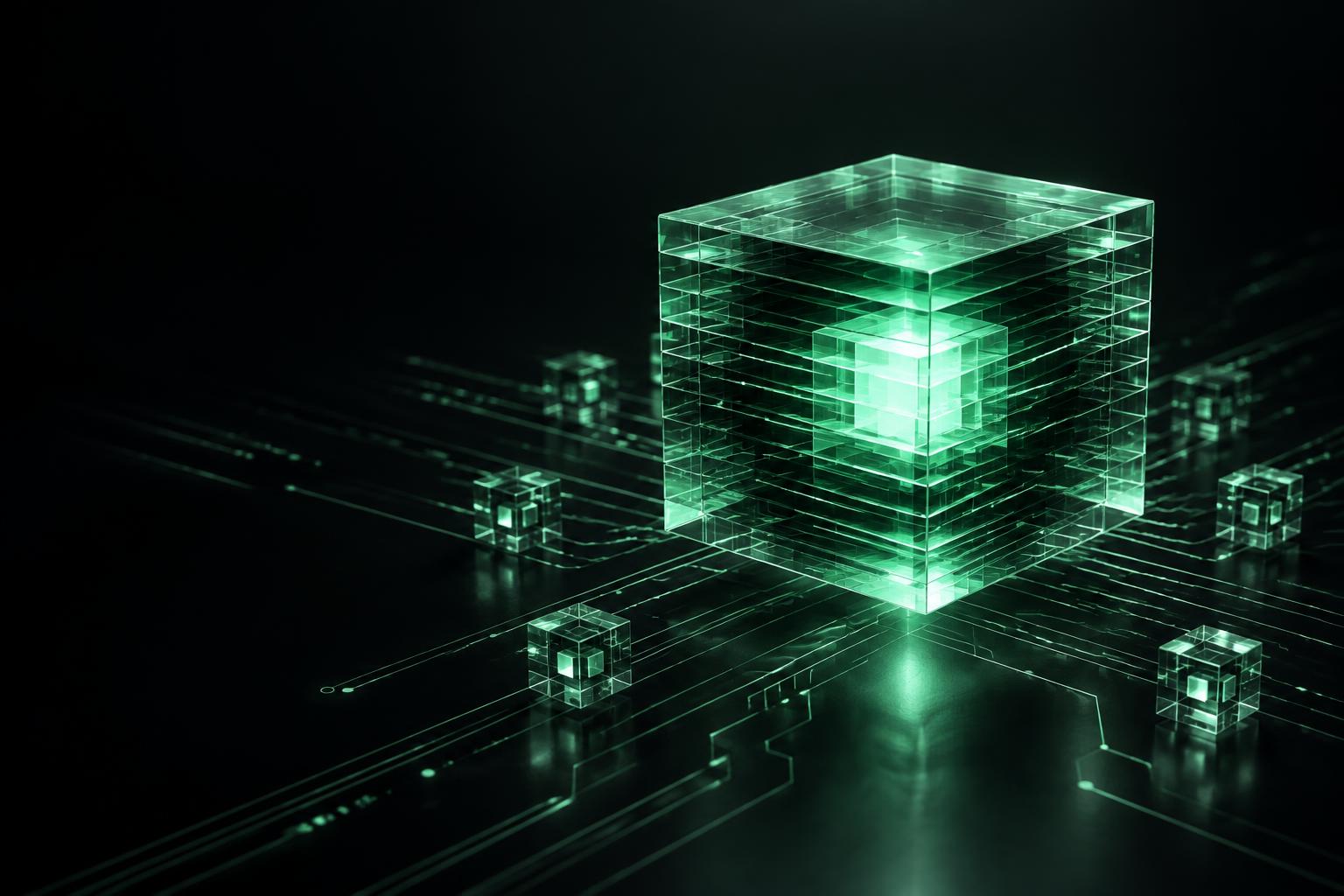 Illuminated glass data layers connected by emerald intelligence networks